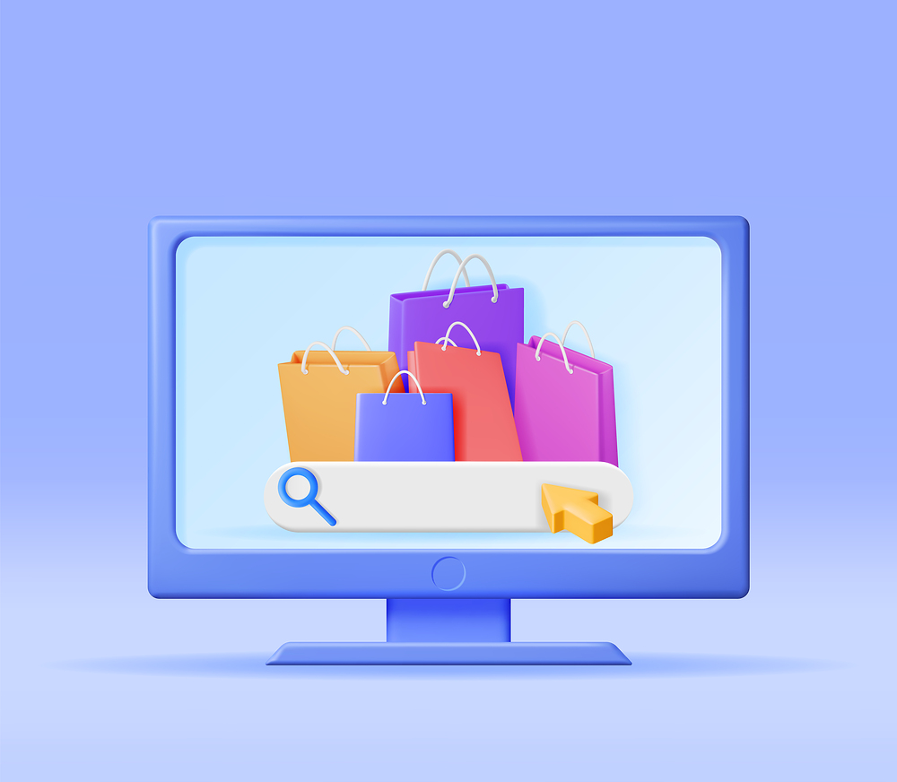 3D Computer with Shopping Bag